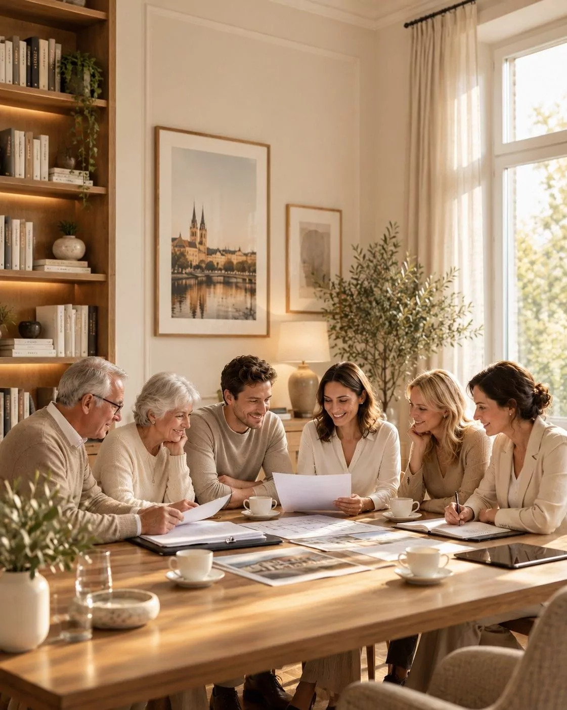 Familie und Erben besprechen gemeinsam Unterlagen zu einer geerbten Immobilie
