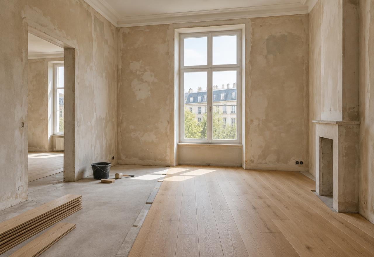 Wohnung während einer Instandsetzung mit neuem Holzboden