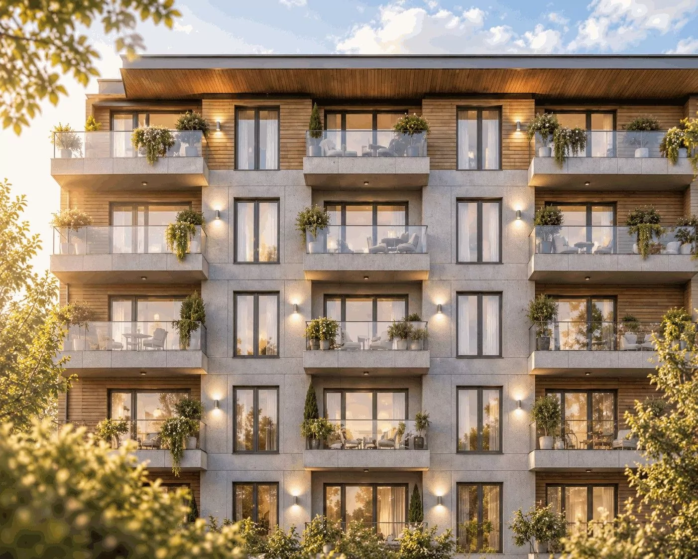 Fassade eines Mehrfamilienhauses mit regelmäßigen Balkonen